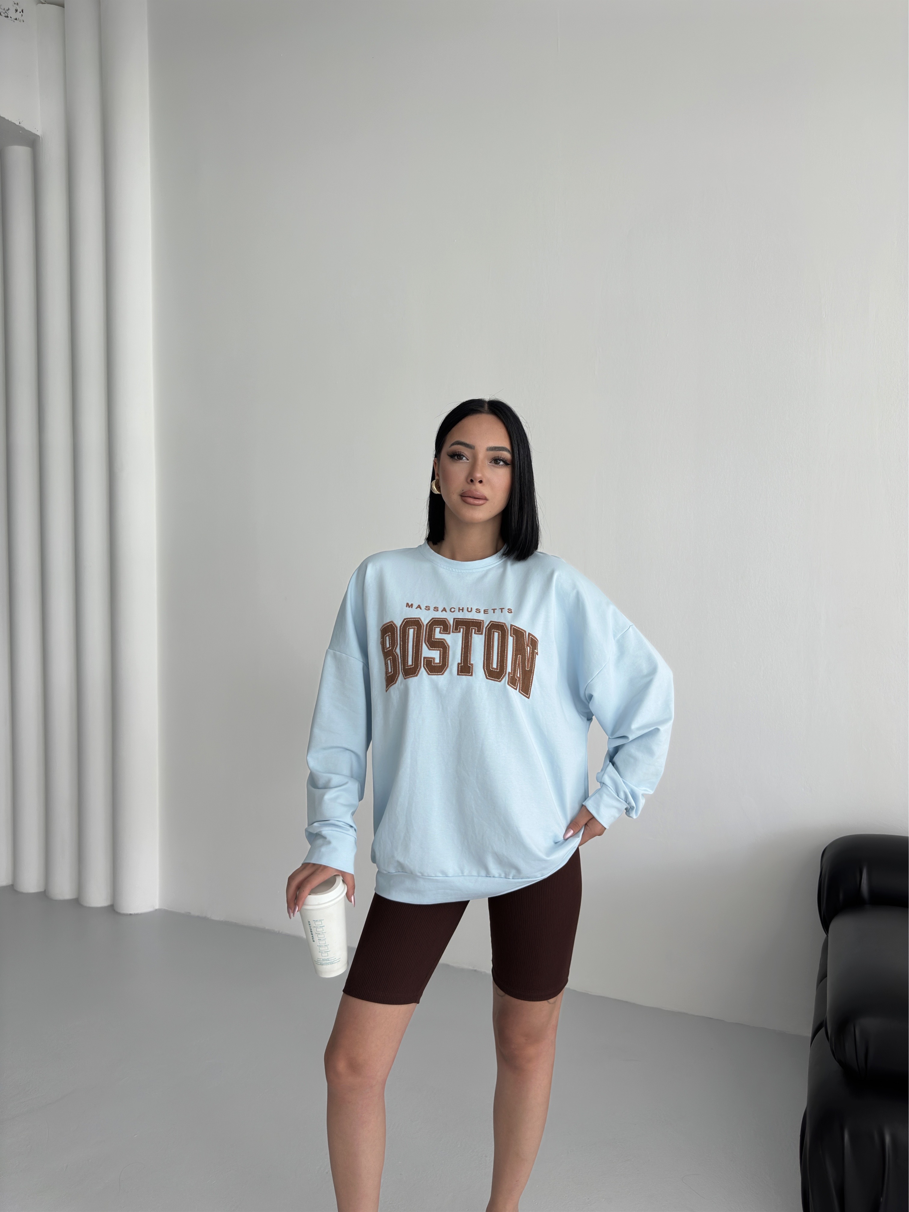 Nakışlı Mavi Bisiklet Yaka Önü Baskılı Oversize 2 İPLİK Sweatshirt ek resim