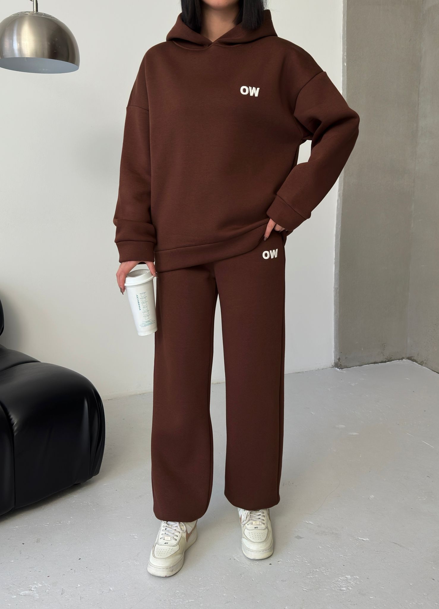 Nakış Detaylı 3 İplik Şardonlu Eşofman Takımı-KAHVERENGİ ek resim