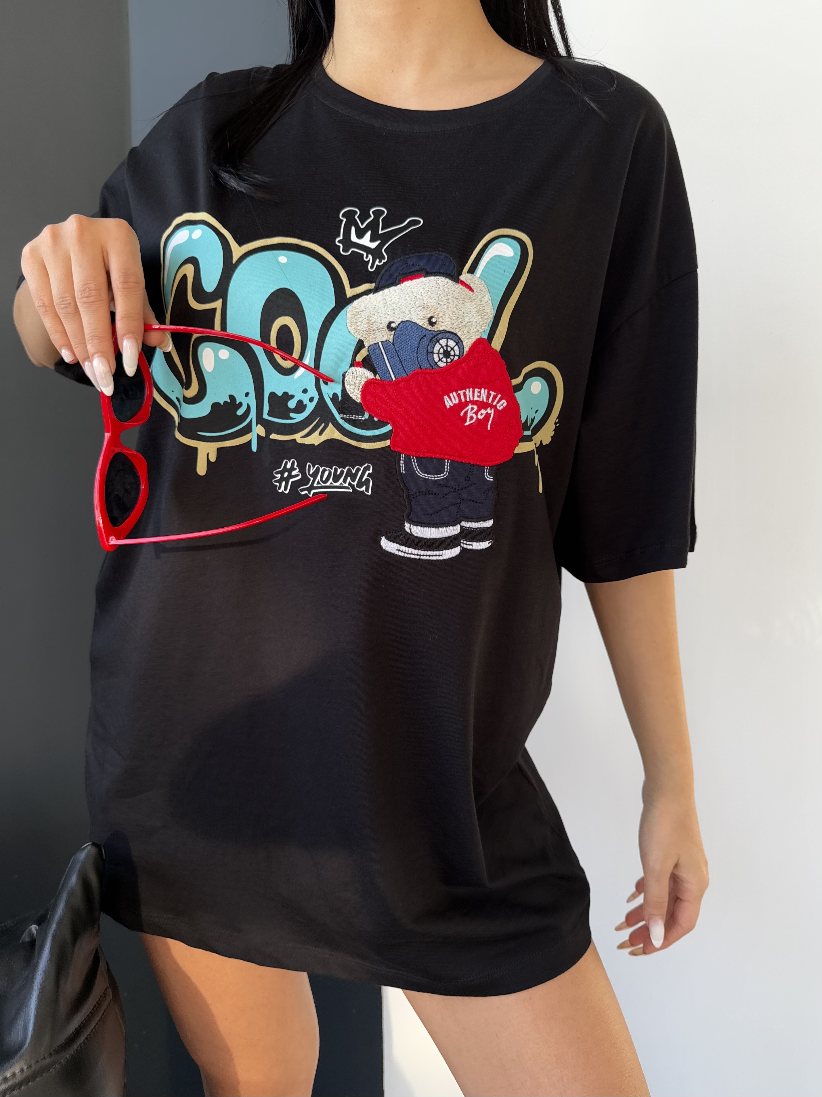 Unisex Baskı Nakışlı Oversize Pamuklu Bisiklet Yaka T-Shirt ek resim