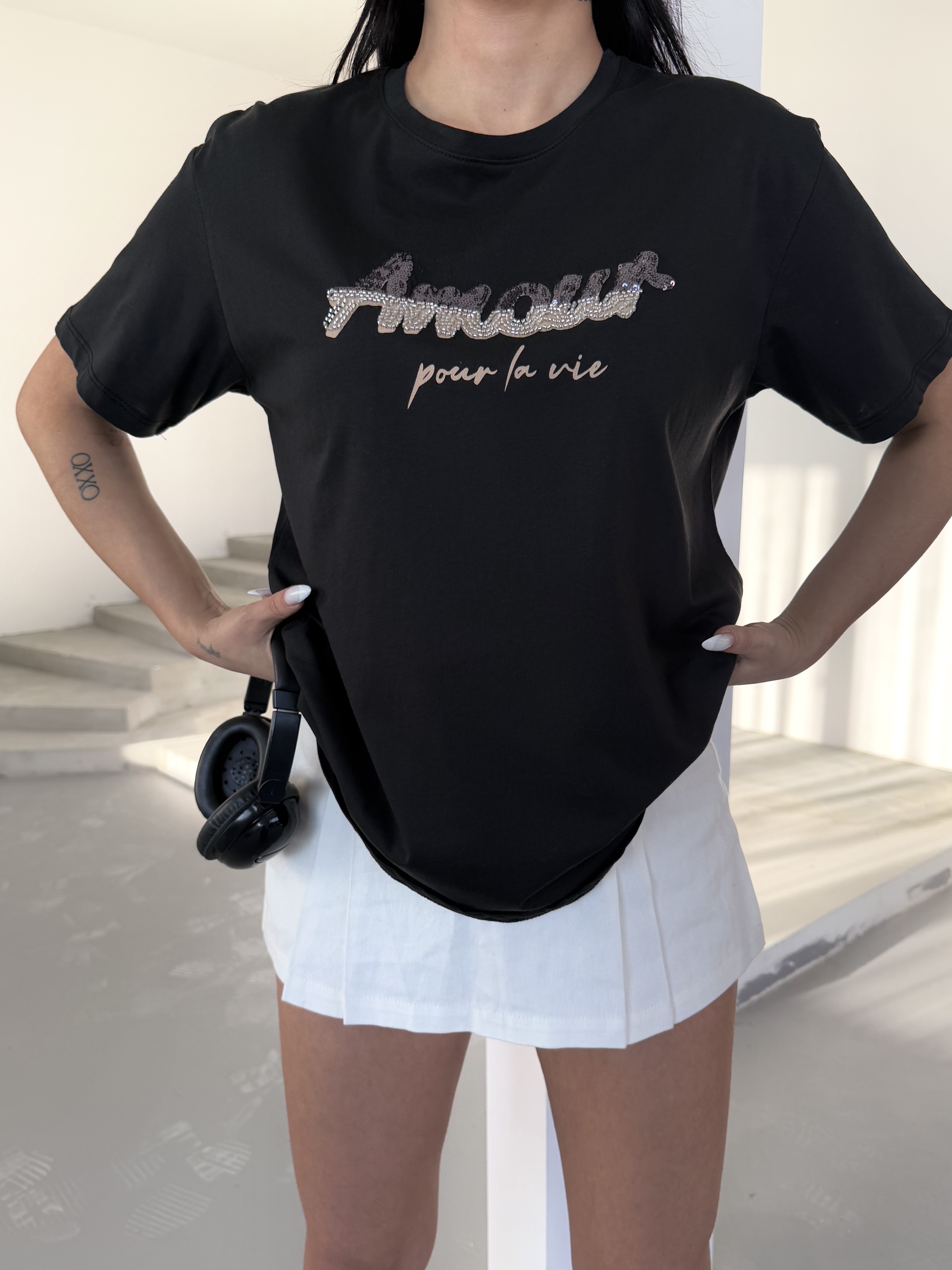 Siyah Baskılı Taşlı Tshirt Regular Fit / Normal Kesim ek resim