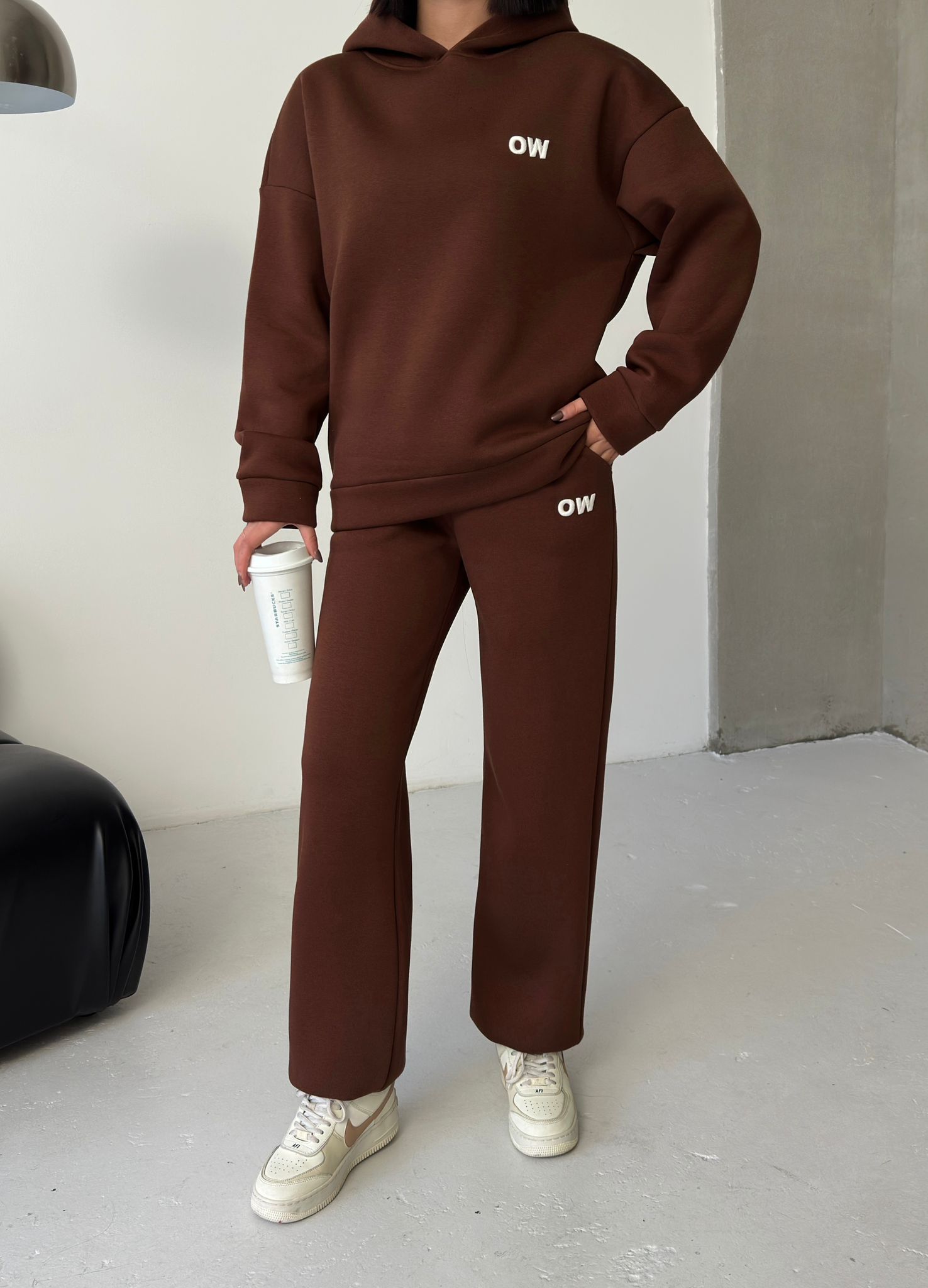 Nakış Detaylı 3 İplik Şardonlu Eşofman Takımı-KAHVERENGİ ek resim