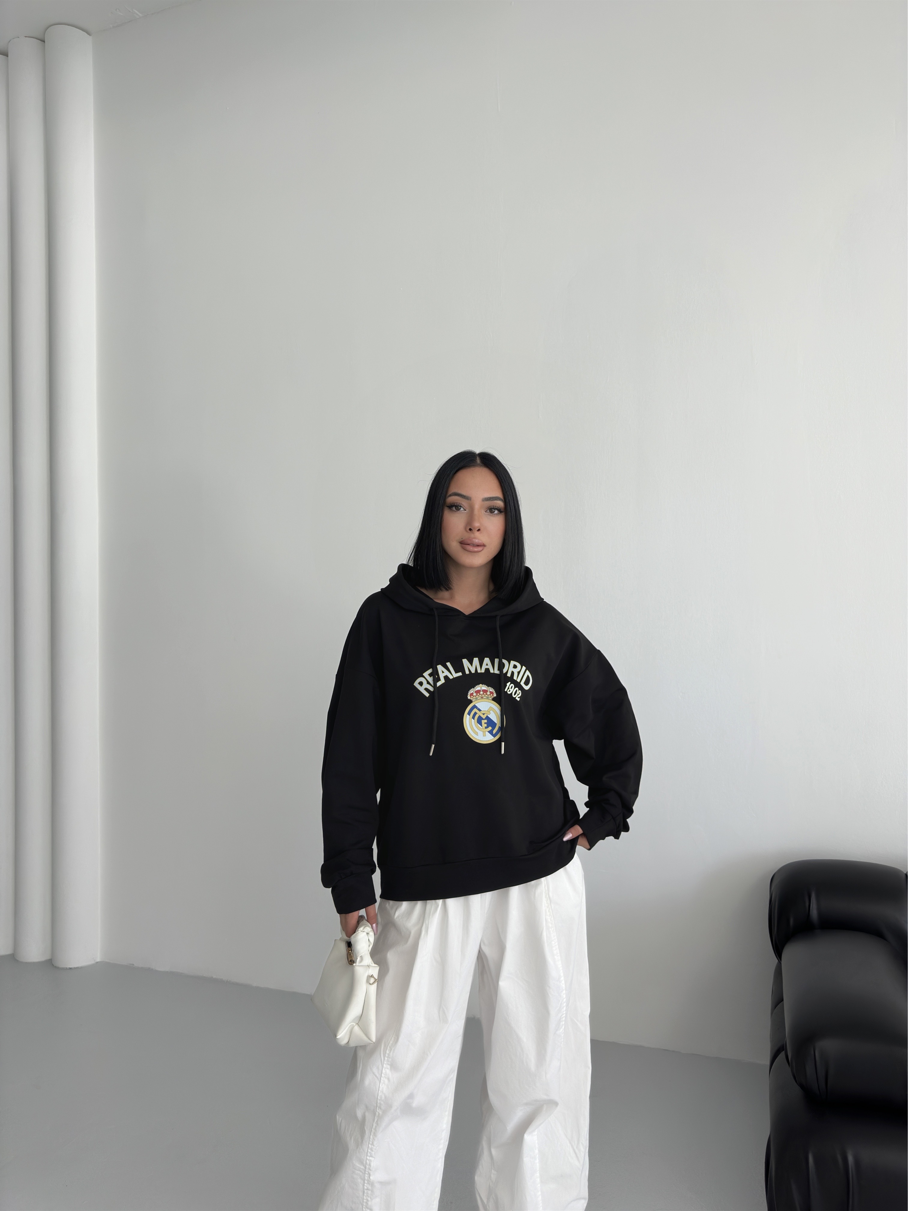 Siyah Real Baskılı Kapüşonlu 2 İPLİK Sweatshirt ek resim