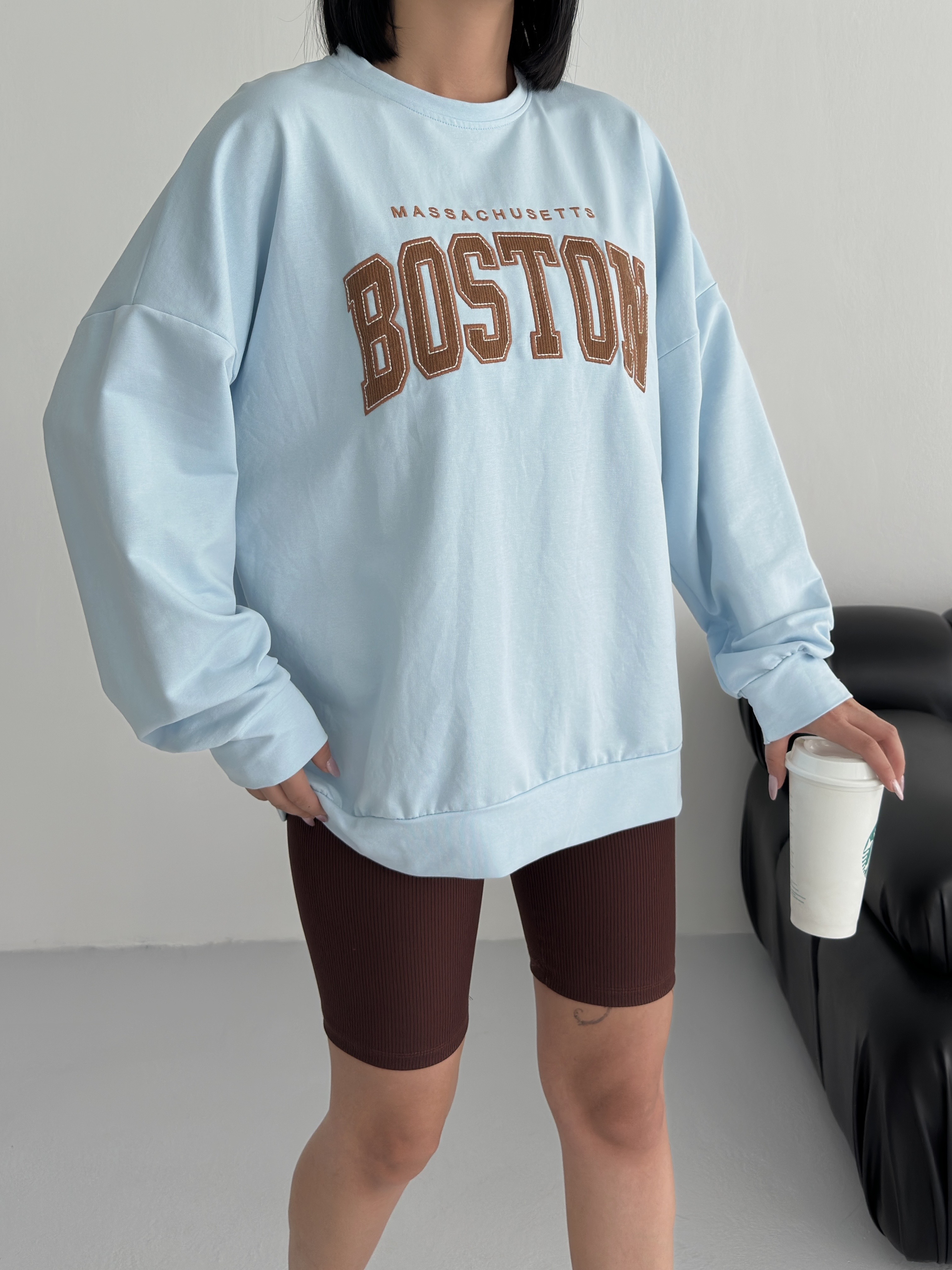 Nakışlı Mavi Bisiklet Yaka Önü Baskılı Oversize 2 İPLİK Sweatshirt ek resim
