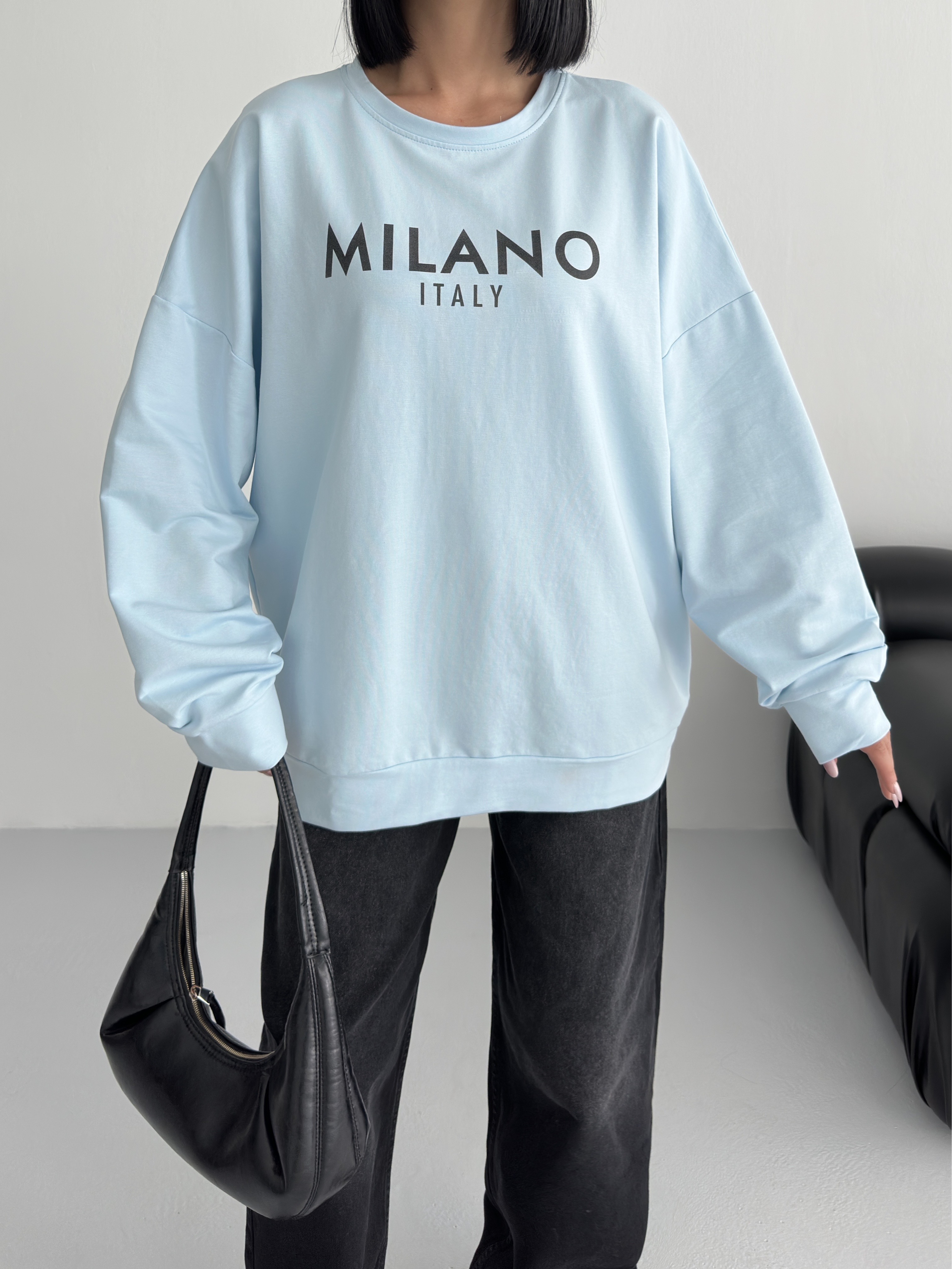 Milano Bisiklet Yaka Önü Baskılı Oversize 2 İPLİK Sweatshirt ek resim