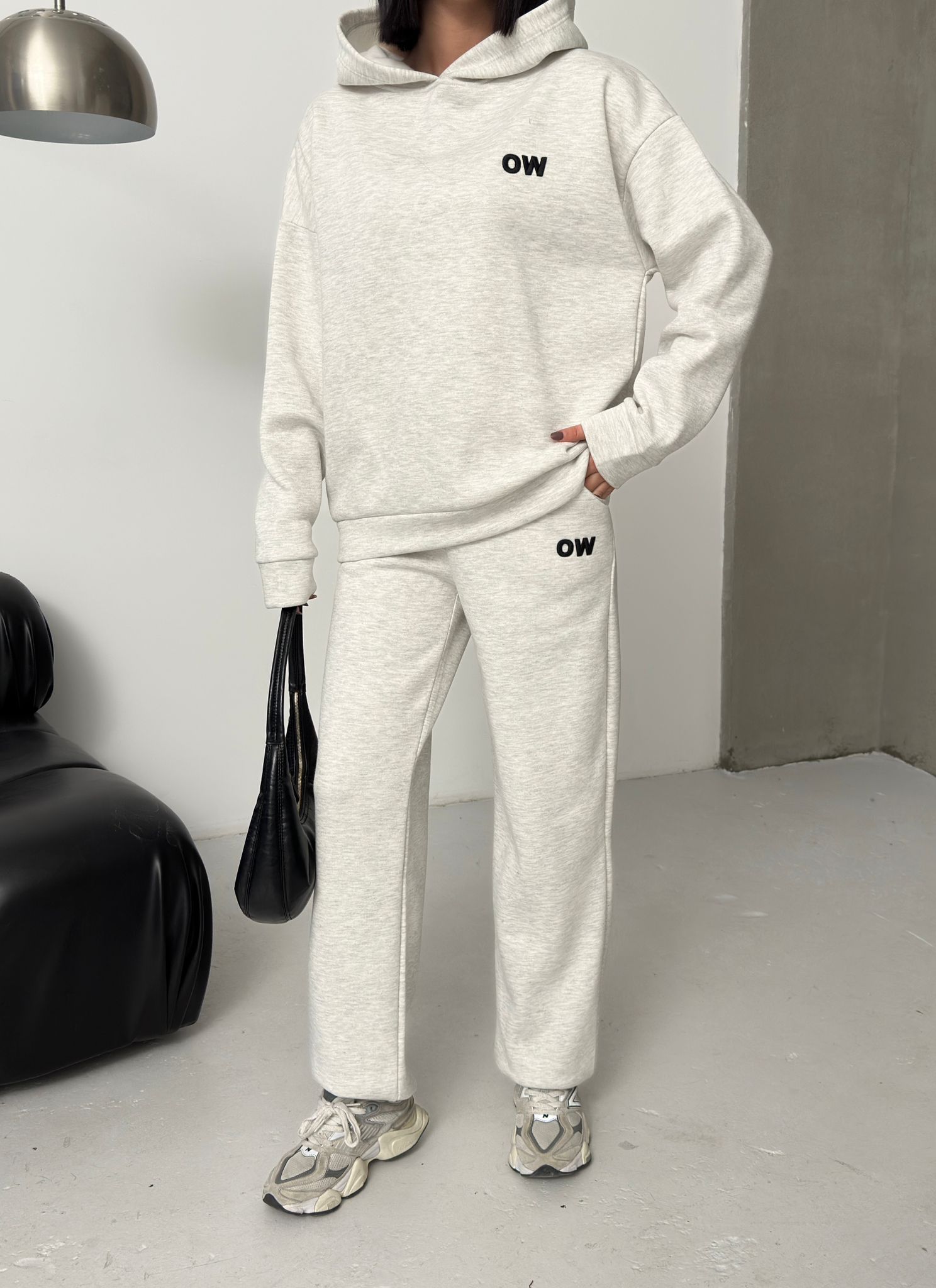 Nakış Detaylı 3 İplik Şardonlu Eşofman Takımı-GRİ MELANJ ek resim