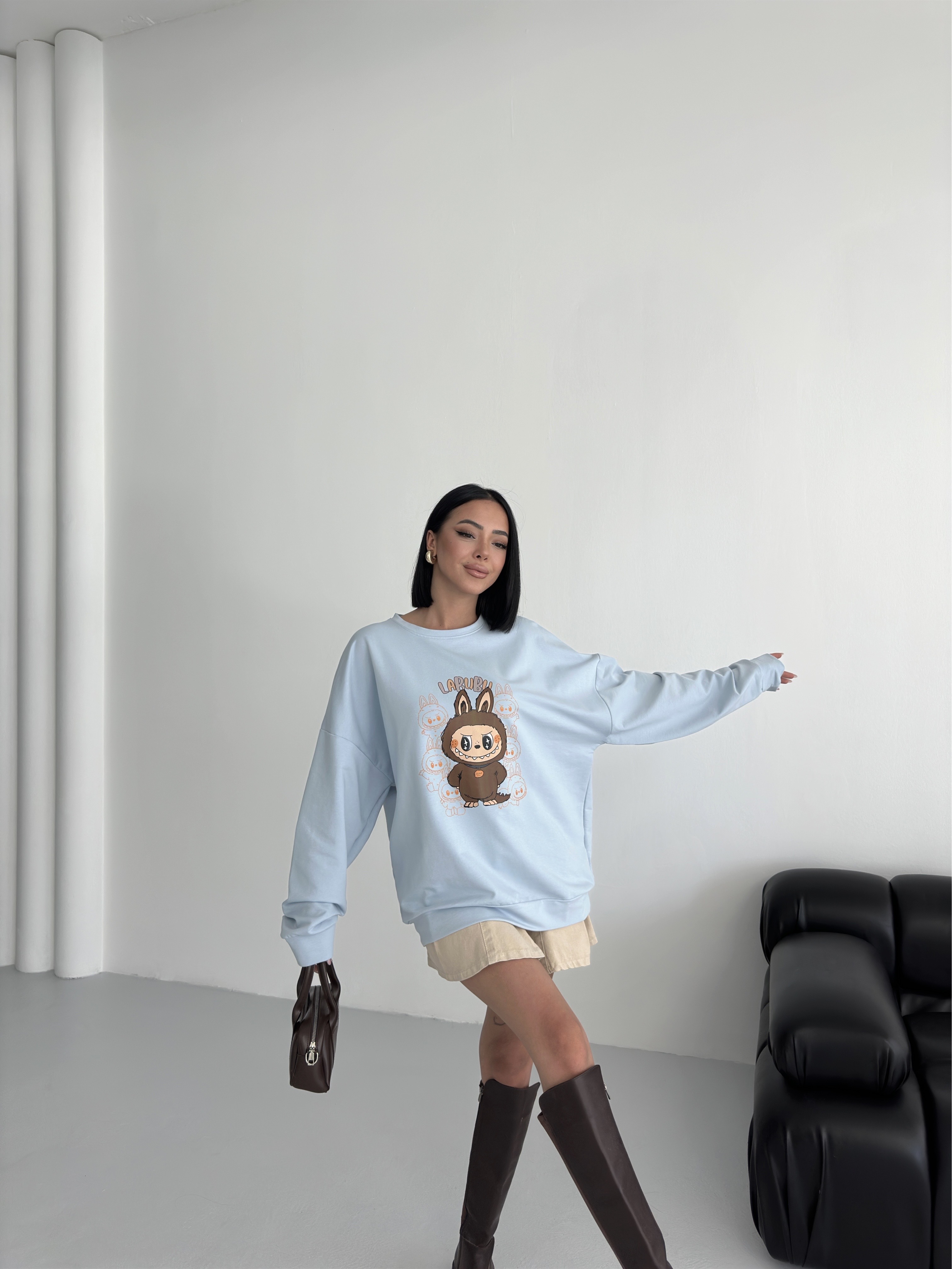 Labubu Mavi Bisiklet Yaka Önü Baskılı Oversize 2 İPLİK Sweatshirt ek resim