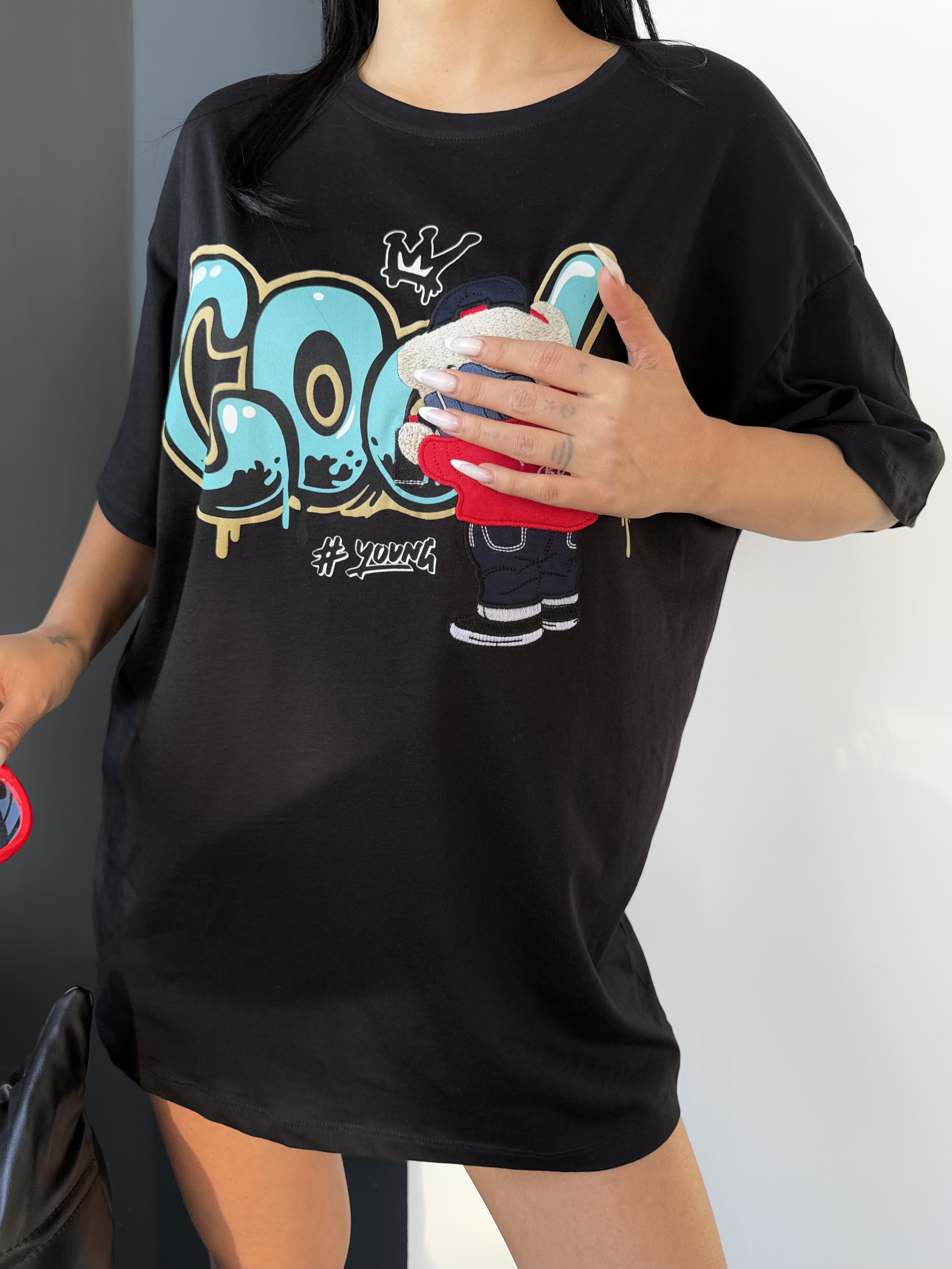 Unisex Baskı Nakışlı Oversize Pamuklu Bisiklet Yaka T-Shirt ek resim