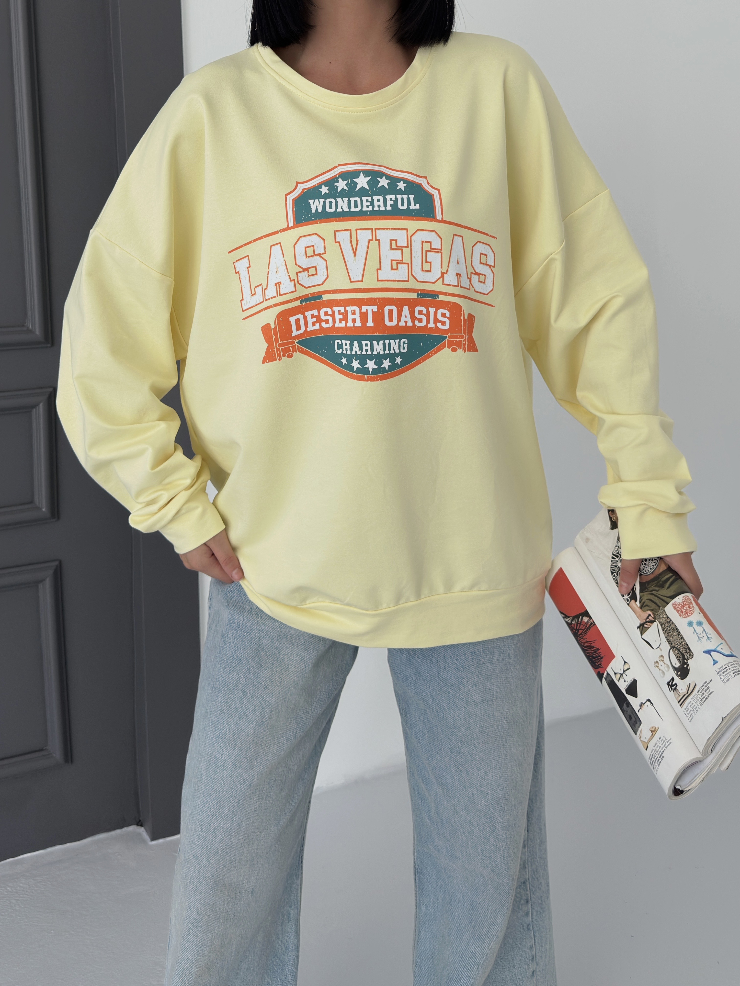 Bisiklet Yaka Önü Baskılı Oversize 2 İPLİK Sweatshirt SARI ek resim