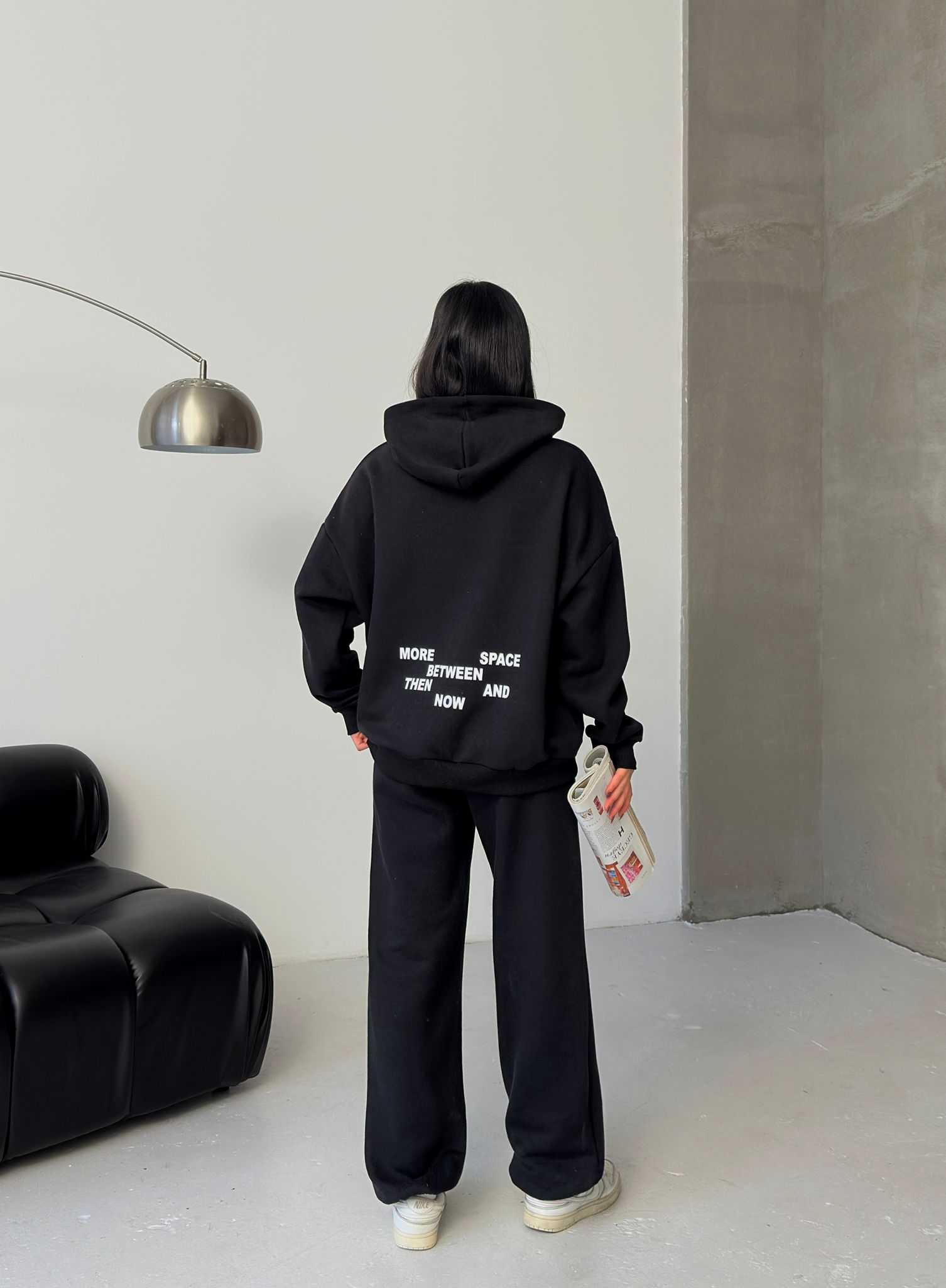 Oversize Baskılı 3 İplik Şardonlu Eşofman Takımı-SİYAH ek resim