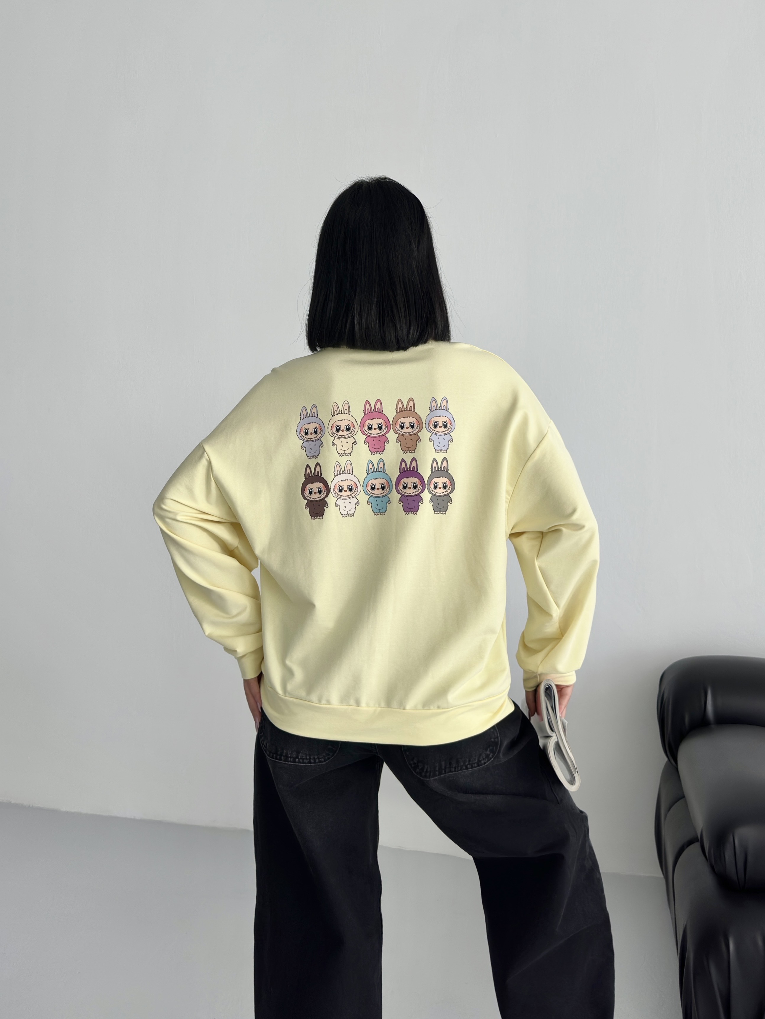 Sarı Bisiklet Yaka Önü Baskılı Oversize 2 İPLİK Sweatshirt ek resim