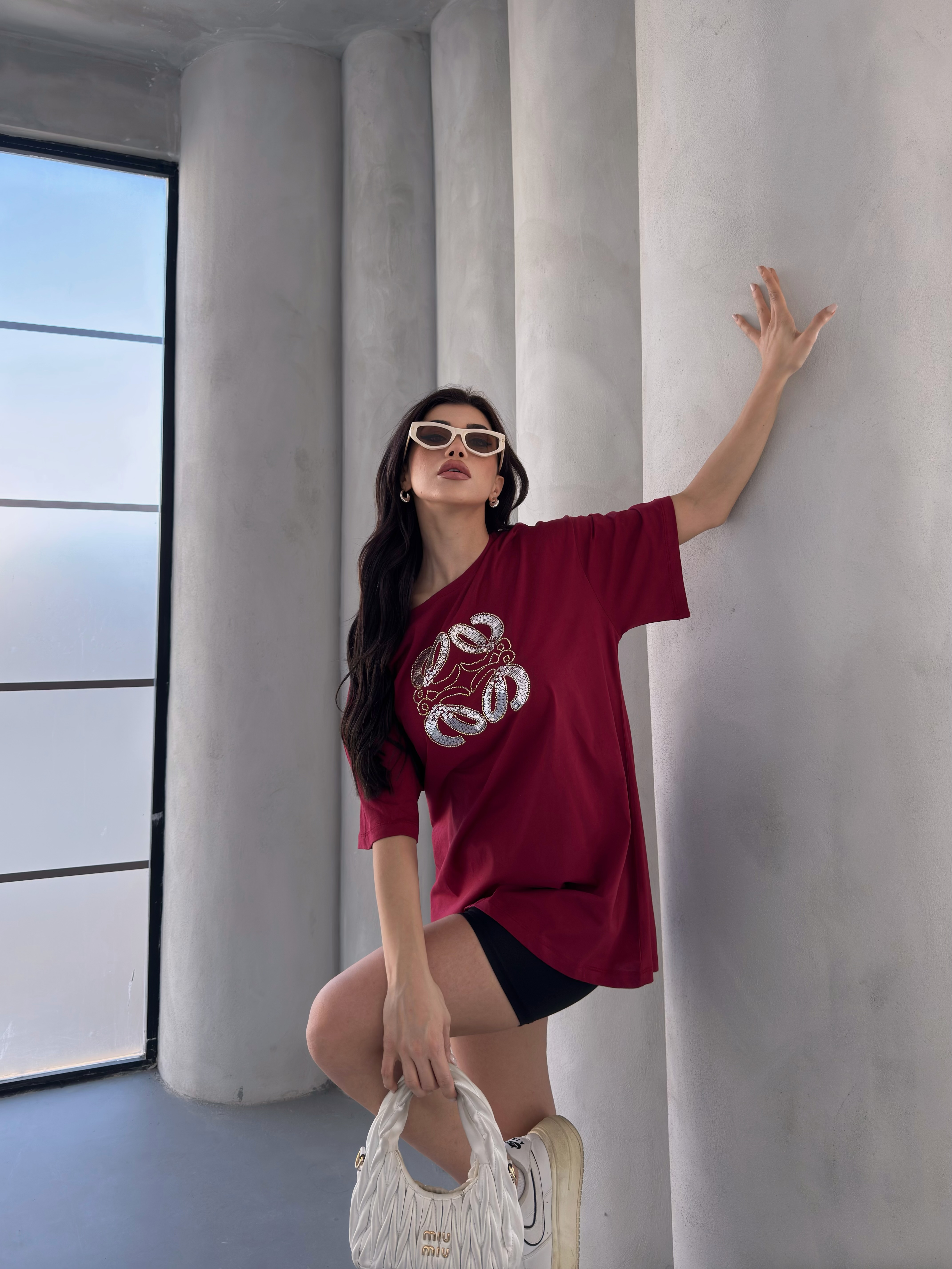 BORDO PAMUKLU OVERSİZE TSHIRT ek resim