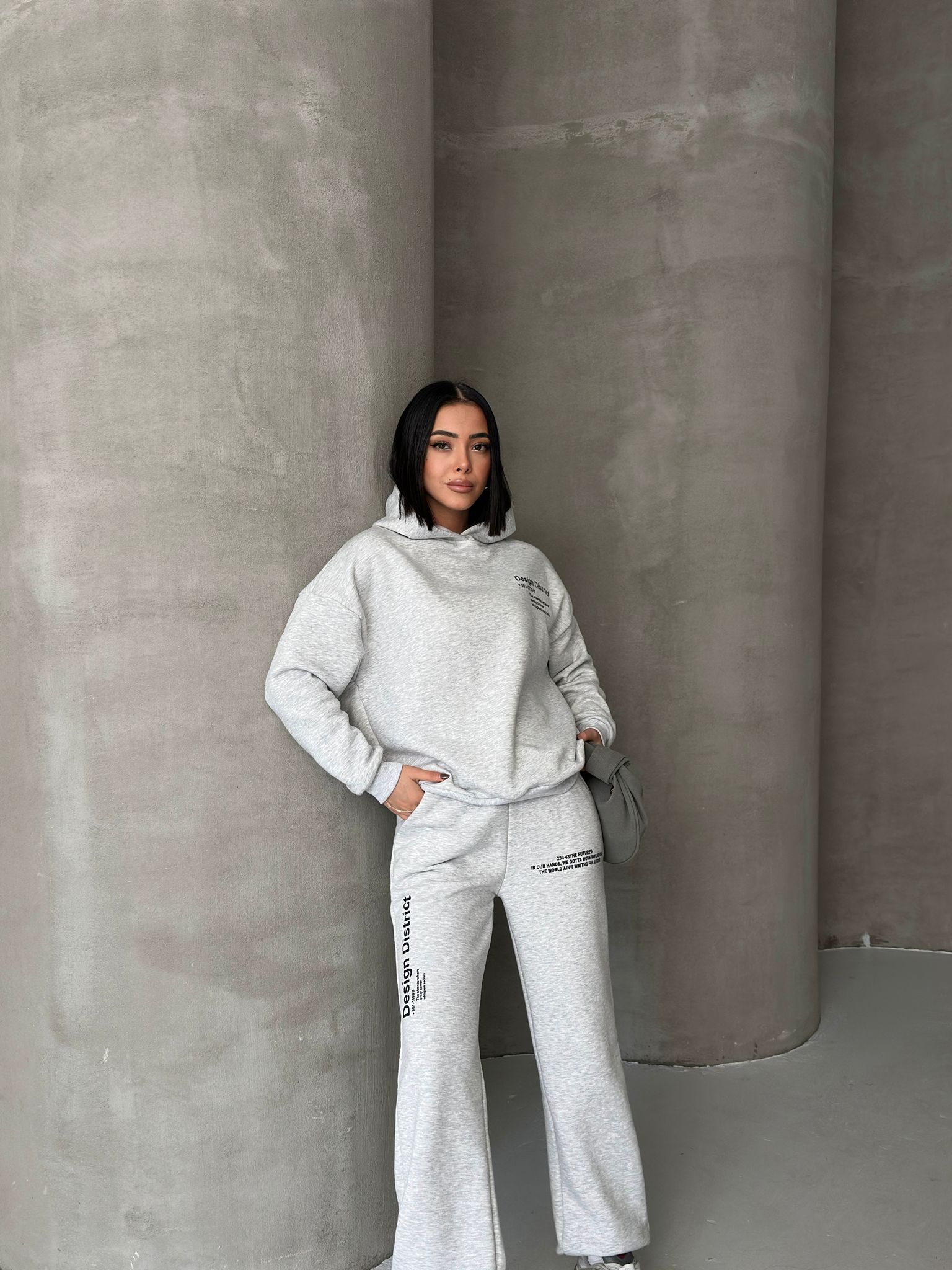 Oversize Baskılı 3 İplik Şardonlu Eşofman Takımı-GRİ MELANJ ek resim