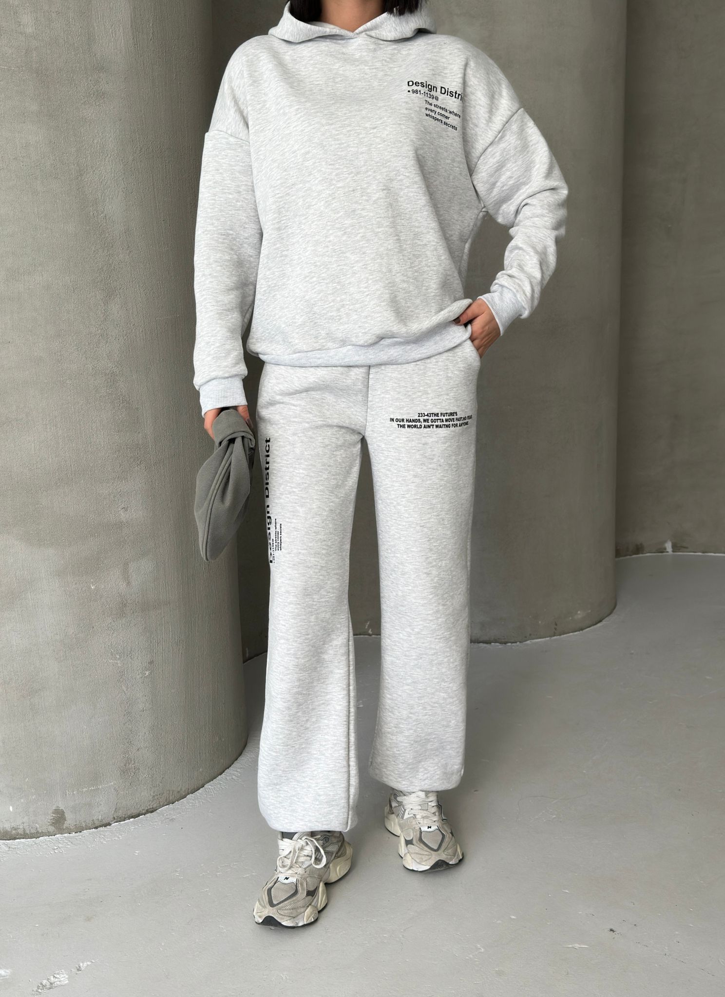 Oversize Baskılı 3 İplik Şardonlu Eşofman Takımı-GRİ MELANJ ek resim