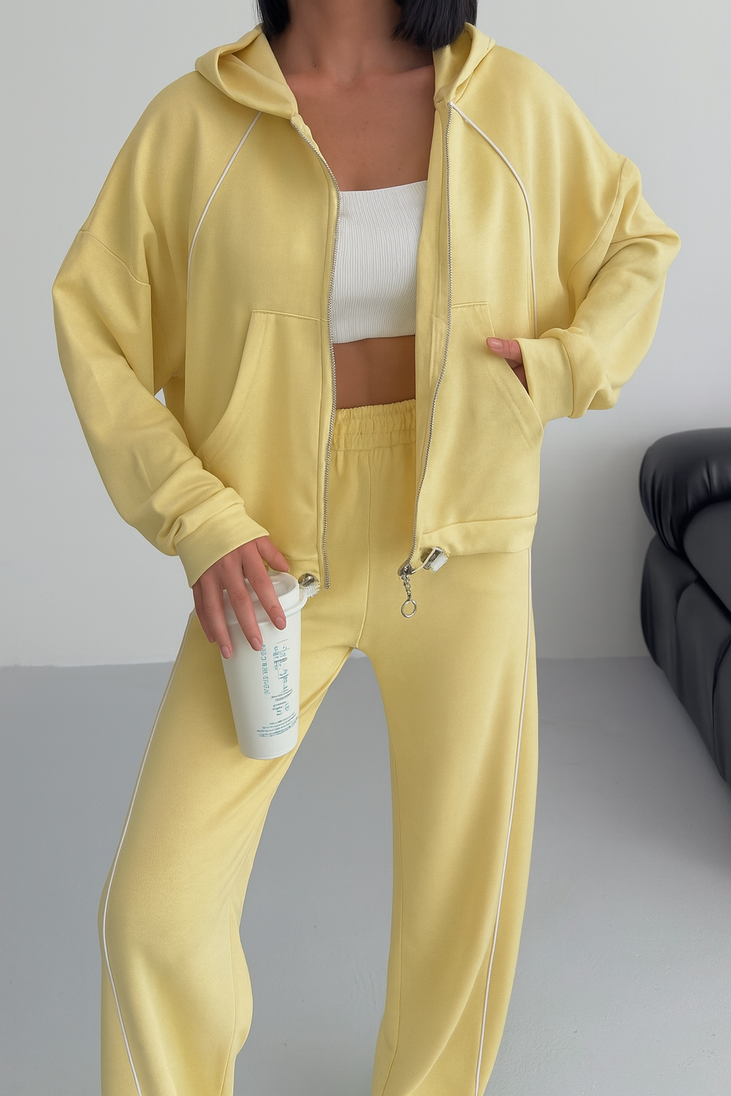  Sarı Beyaz Şeritli Oversize Eşofman Takımı ek resim