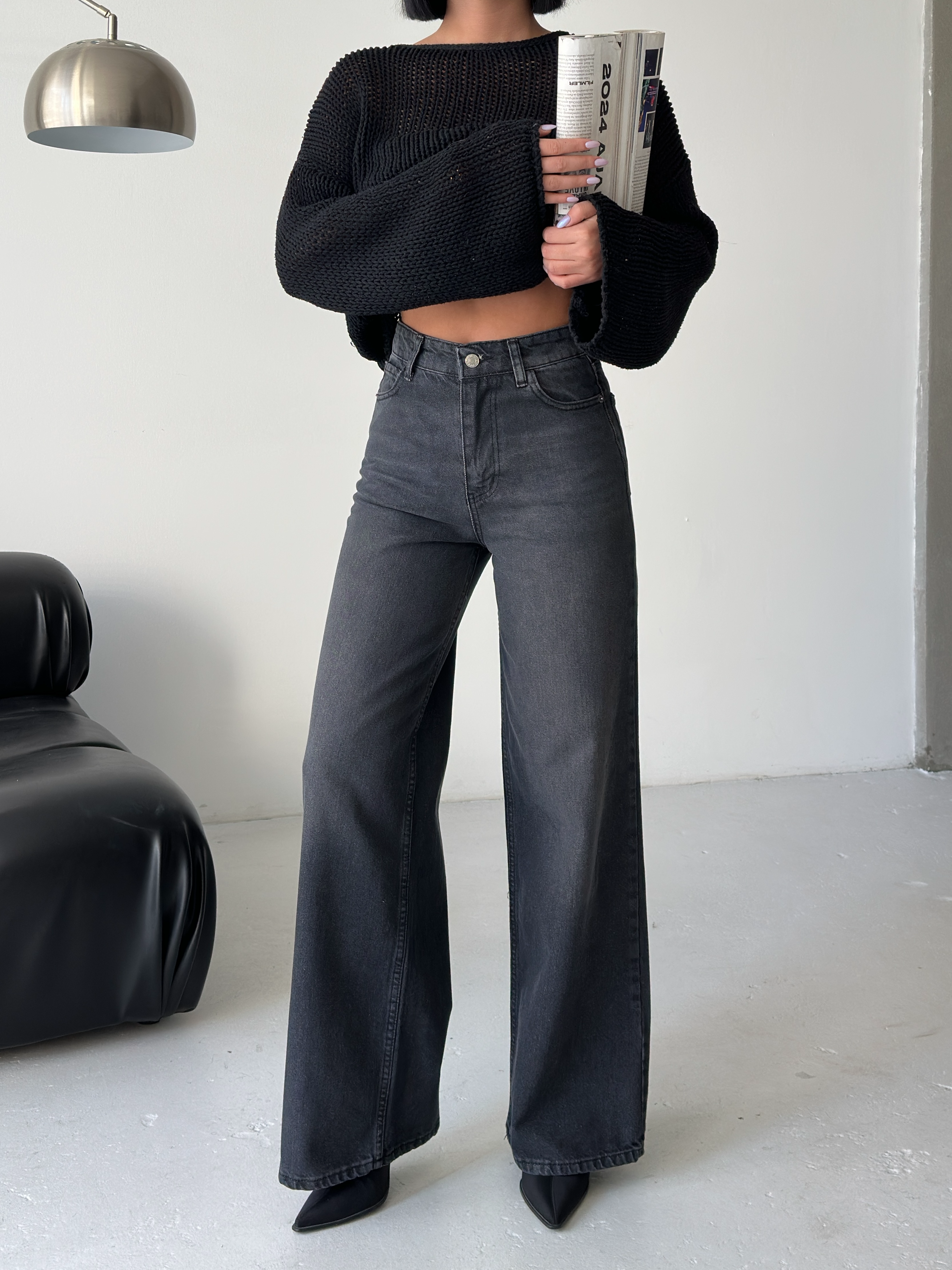 Yüksek Bel Geniş Paça Antrasit Denim Jean-0163 ek resim