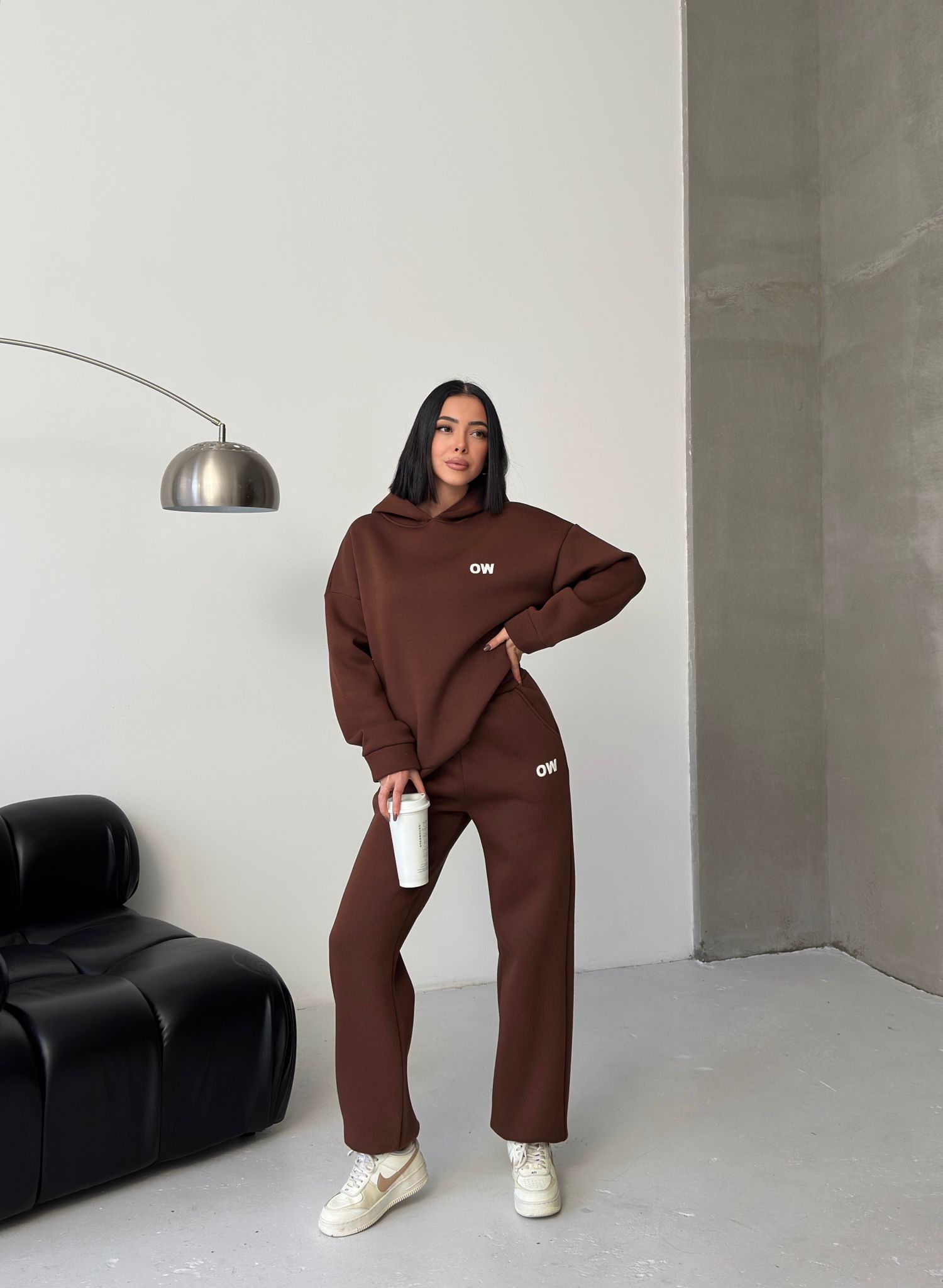 Nakış Detaylı 3 İplik Şardonlu Eşofman Takımı-KAHVERENGİ ek resim