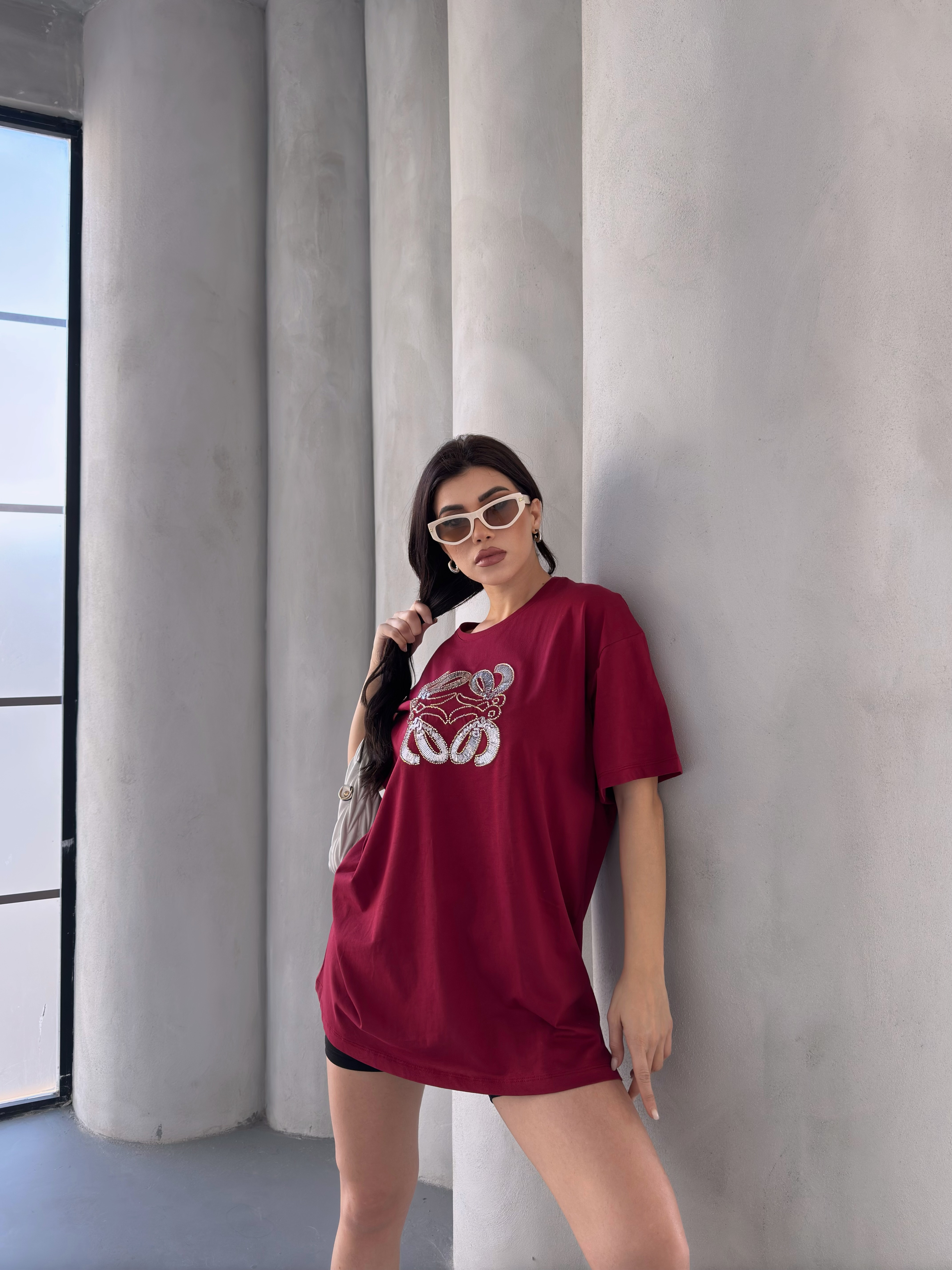 BORDO PAMUKLU OVERSİZE TSHIRT ek resim