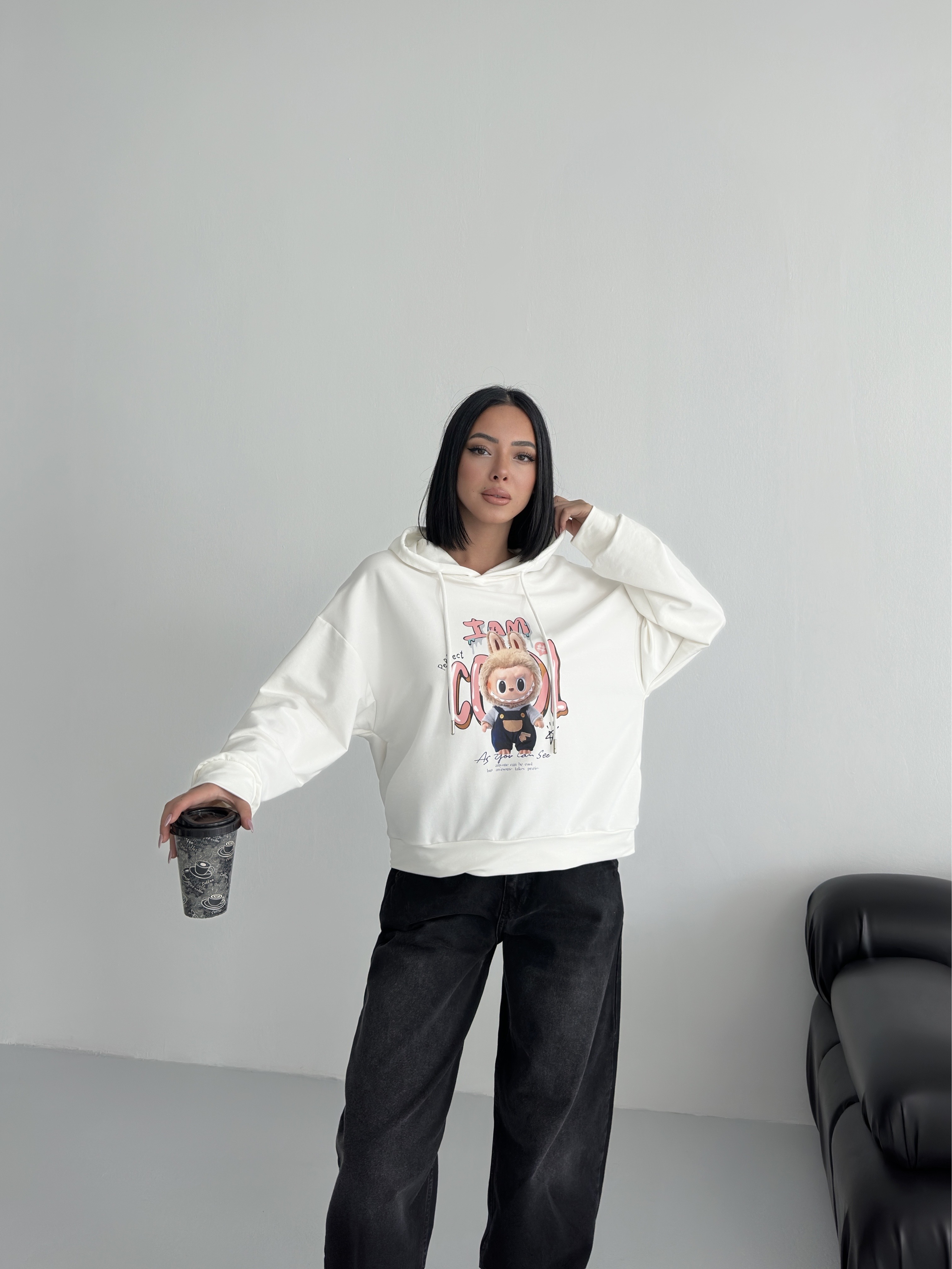Beyaz Baskılı Kapüşonlu 2 İPLİK Sweatshirt ek resim