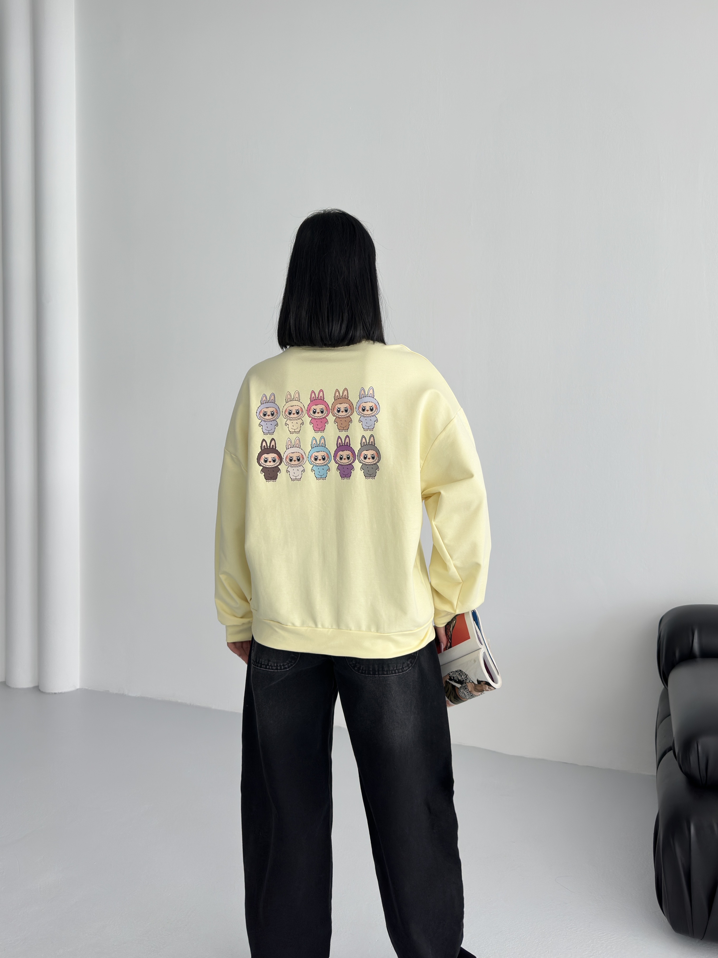 Sarı Bisiklet Yaka Önü Baskılı Oversize 2 İPLİK Sweatshirt ek resim